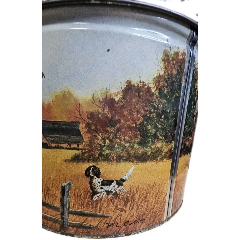 Vintage Popcorn Tin R.L. Collins Hunting Dogs Pheasant Metal Canister 10